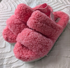 UGG Oh Fluffita Pink Rose Curly Sheepskin Platform Slingback Slippers